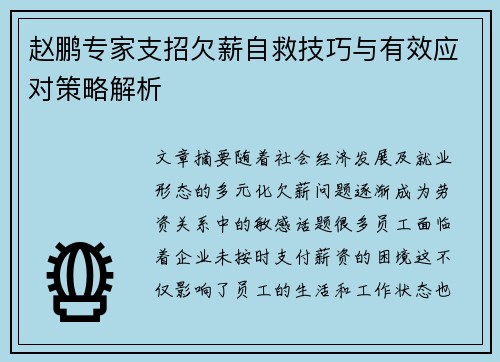 赵鹏专家支招欠薪自救技巧与有效应对策略解析 赵鹏专家支招欠薪自救技巧与有效应对策略解析